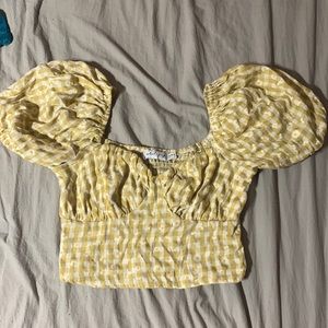 Mustard Yellow crop top, with little Daisies all over with a scrunched back.